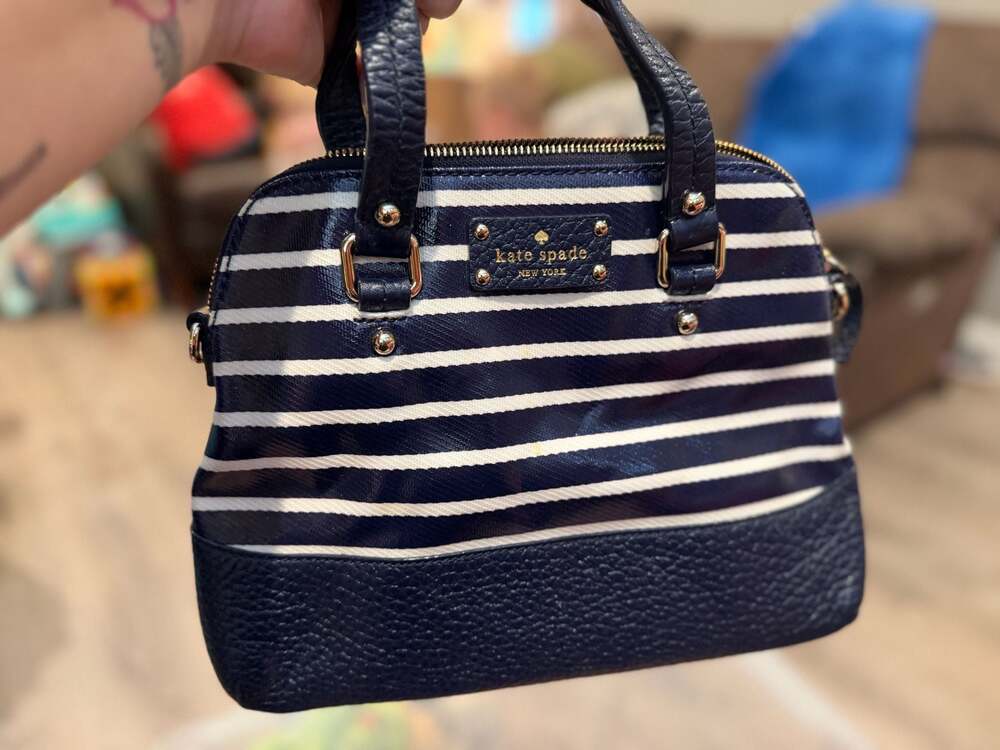 Kate Spade New York Grove Court Stripe Maise Satchel Navy and White